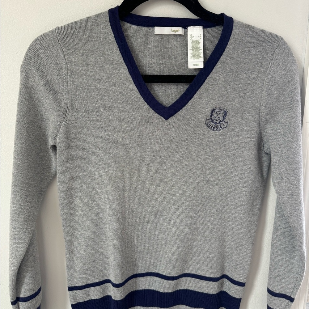 Gray V-Neck Sweater with Navy Accents